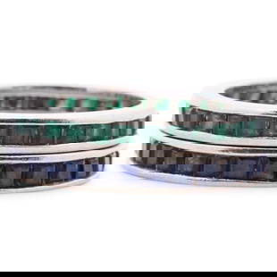 Pair of 14k Gold Sapphire and Emerald Eternity Rings: DESCRIPTION: A pair of 14k white gold eternity rings featuring (1) Sapphire and (1) Emerald ring, each with square cut stones. Tested "14k". Total Weight: 4.8 Grams (3.1 dwt) CIRCA: 20th Century ORIGI
