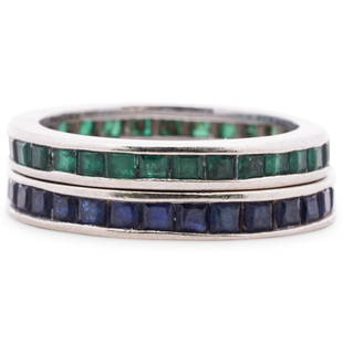 Pair of 14k Gold Sapphire and Emerald Eternity Rings: DESCRIPTION: A pair of 14k white gold eternity rings featuring (1) Sapphire and (1) Emerald ring, each with square cut stones. Tested "14k". Total Weight: 4.8 Grams (3.1 dwt) CIRCA: 20th Century ORIGI