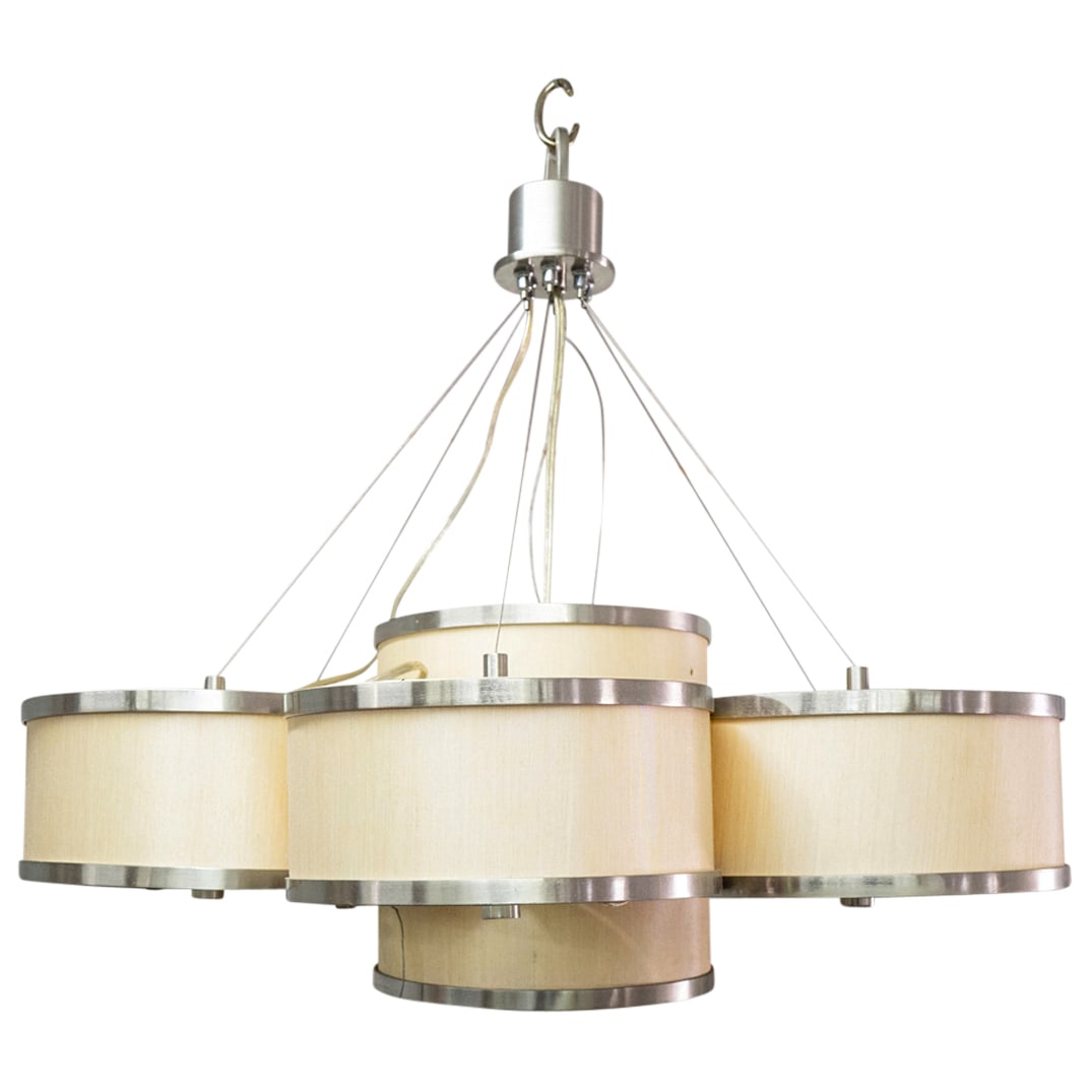 Mid Century Style Seven Light Brushed Nickel Chandelier: DESCRIPTION: Mid-century style seven light chandelier featuring brushed nickel finish, hardback shades and six lights surrounding a seventh, central light. Unable to test. CIRCA: 21st Century ORIGIN: 