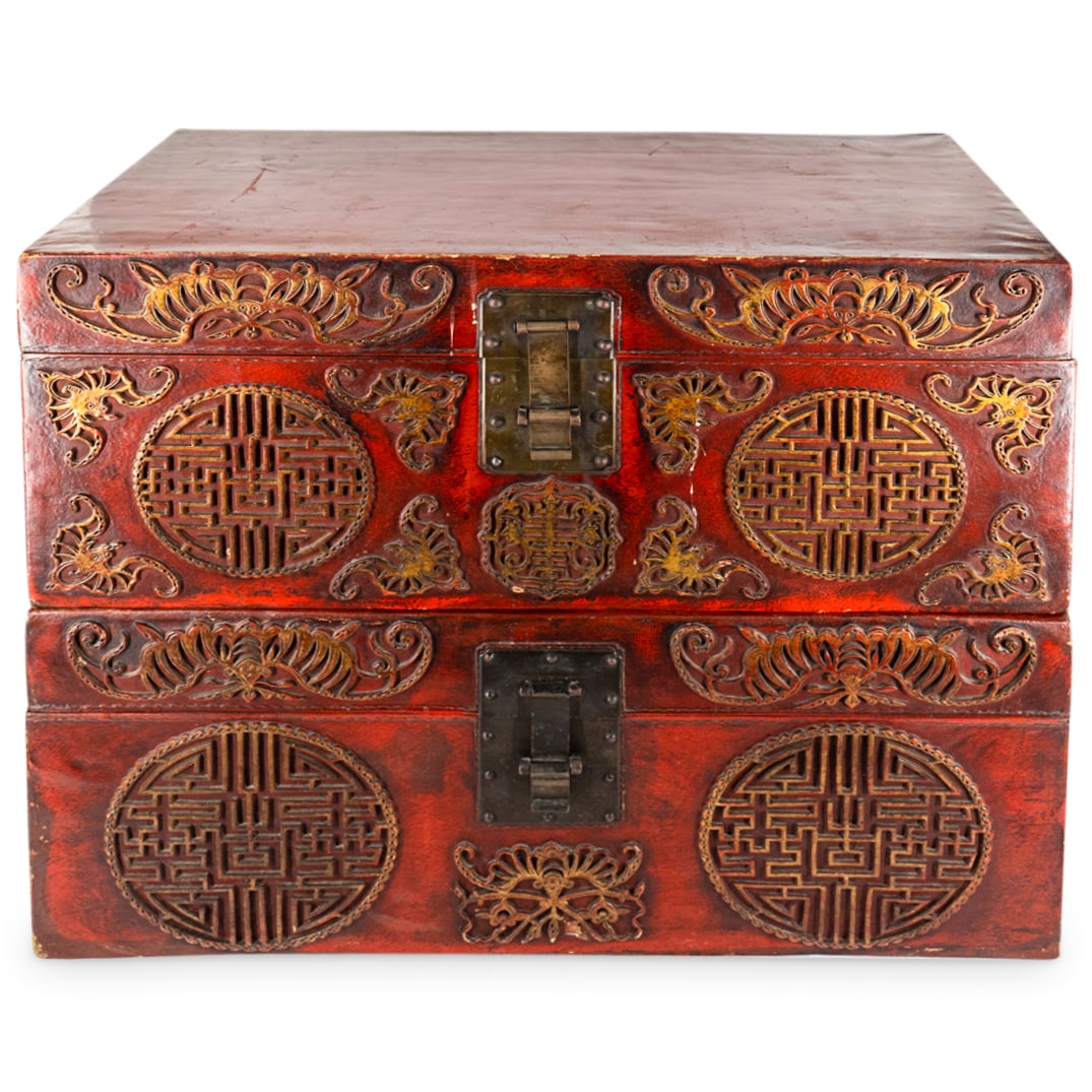 Pair Of Antique Chinese Leather Lacquered Trunks (1 of 12)