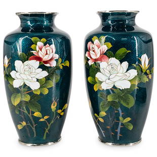 Pair Of Vintage Japanese Ginbari Cloisonne Vases: DESCRIPTION: Two matching vintage Sato ginbari cloisonne vases, each featuring a body decorated with pink and white floral and foliage motifs against a green foil background dimpled with nanako textur