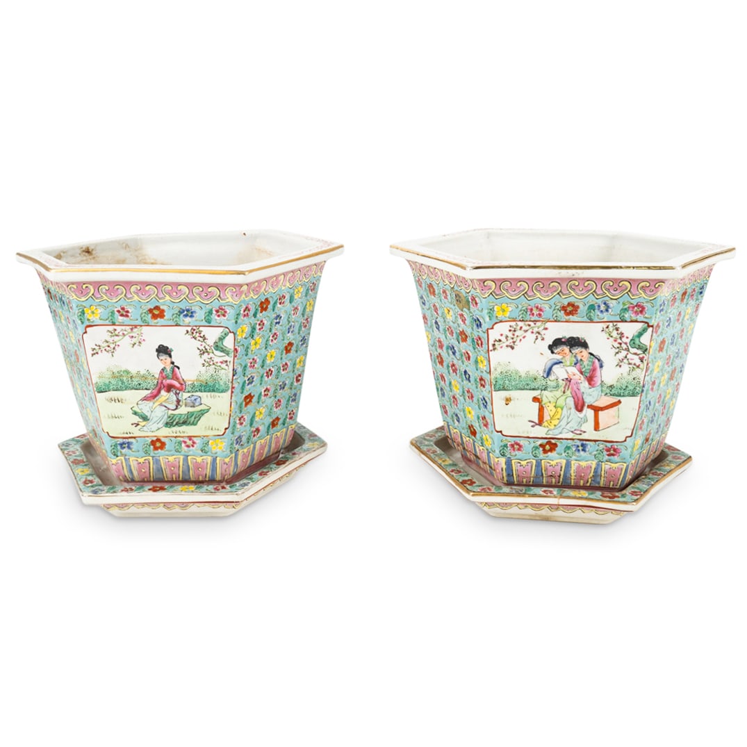 Pair Of Antique Chinese Porcelain Hexagonal Planters (1 of 8)
