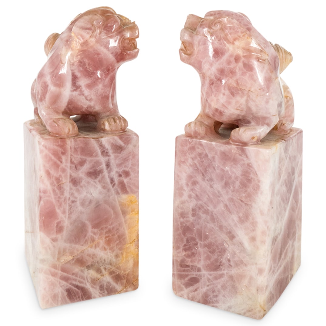 Pair Of Chinese Guardian Lion Rose Quartz Seals (1 of 4)