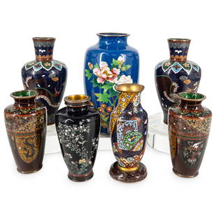 (7 Pc) Antique Japanese Cloisonne Vases: DESCRIPTION: Six antique cloisonne vases: one mirrored pair featuring dragon and fenghuang ("Chinese phoenix") panels, one mirrored pair featuring winding dragons, one depicting a scene of birds among