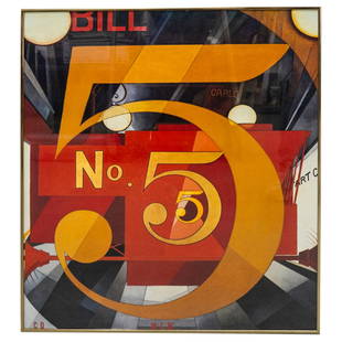 Charles Demuth "I Saw the Figure 5 in Gold" Poster: DESCRIPTION: Poster of "I Saw the Figure 5 in Gold" by Charles Demuth depicting the artist's abstract interpretation of "The Great Figure" by William Carlos Williams. Mounted in a gilt metal frame. CI