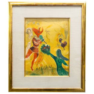 Marc Chagall (1887-1985) Lithograph: DESCRIPTION: Lithograph of "La Danse and Le Cirque from Derriere le Miroir" by Marc Chagall depicting a masked violinist among other figures against a yellow background. Bears signature and date at bo