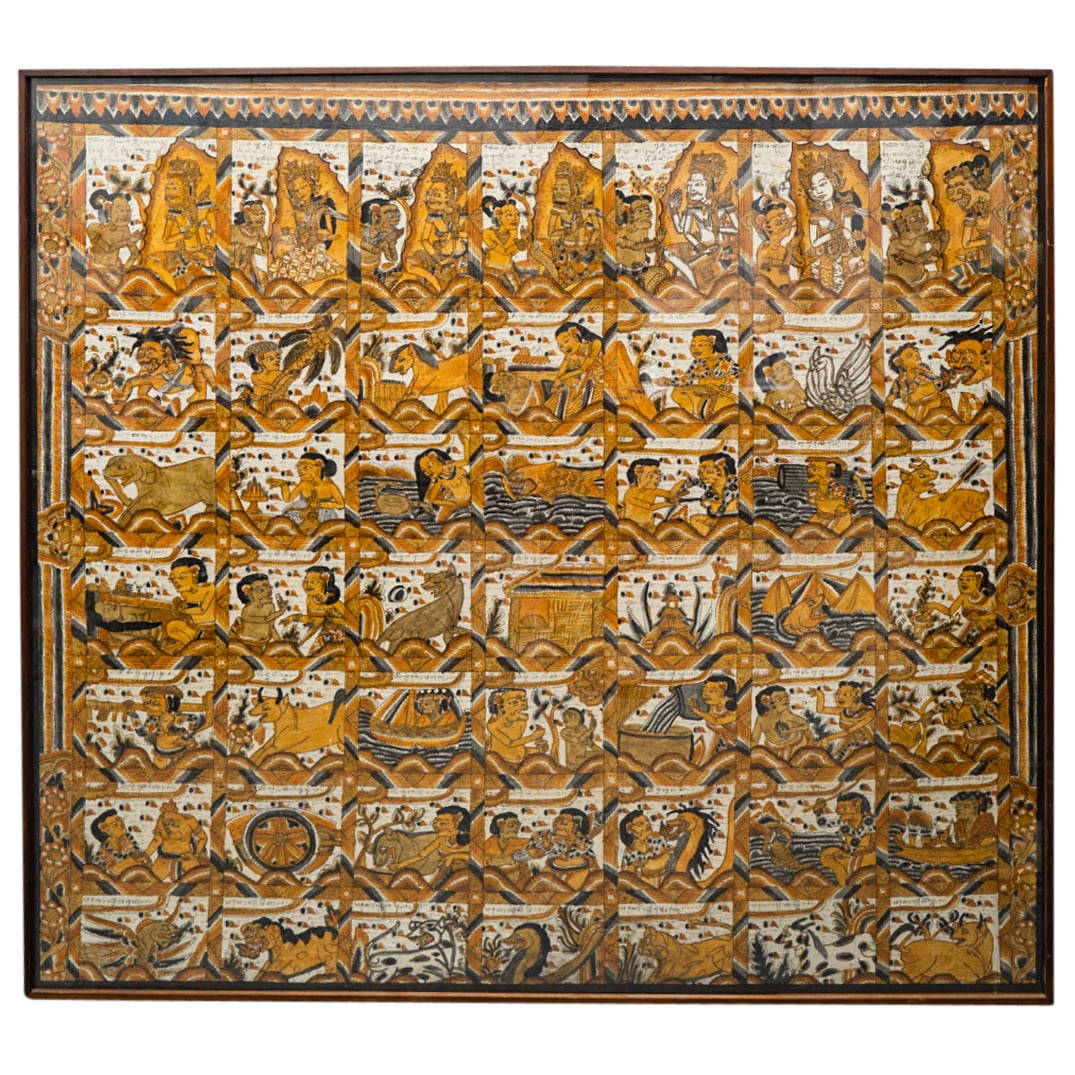 Painted Balinese Calendar on Cloth: DESCRIPTION: Balinese calendar painting (Palelintangan) on cloth featuring figural mythological imagery, mounted in wood frame. CIRCA: Early to Mid. 20th Century ORIGIN: Indonesia DIMENSIONS: (Image) 