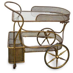 Vintage Brass Bar Cart: DESCRIPTION: A vintage brass bar cart with two tiered shelves and twist formed design. CIRCA: Mid to late 20th Century ORIGIN: Continental DIMENSIONS: H: 27.5" x W: 21" x L: 32" - CONDITION: Heavy oxi