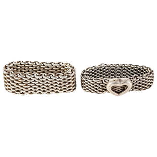 (2 Pc) Tiffany & Co. "Somerset" Sterling Silver Mesh Rings: DESCRIPTION: Two Tiffany & Co. sterling silver items: (1) Tiffany & Co. "Somerset" sterling silver mesh ring. Hallmarked with "Tiffany & Co. 925" at interior. Ring size: 8 (1) Tiffany & Co. "Somerset"