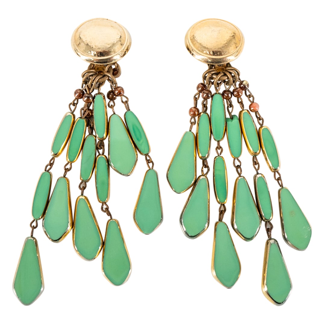 Pair Gilt Metal & Green Enamel Chandelier Earrings (1 of 3)