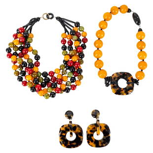 (4 Pc) Angela Caputi Necklace, Earrings & Bakelite Necklace: DESCRIPTION: Four items: (1) Bakelite necklace featuring five polychrome strands of beads. Unmarked. Dimensions: When opened and measured from clasp end to clasp end, L: 18.75" (1) Angela Caputi beade