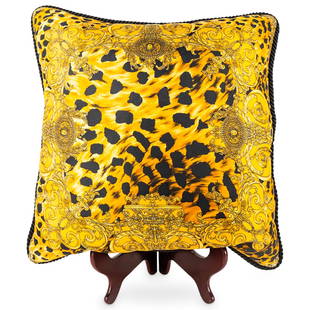 Vintage Versace Pillow: DESCRIPTION: Designer Atelier Versace silk pillow with leopard print. Marked: "Atelier Versace" CIRCA: 20th Century ORIGIN: Italy DIMENSIONS: H: 16" x L: 16" - CONDITION: Great condition. See lot desc