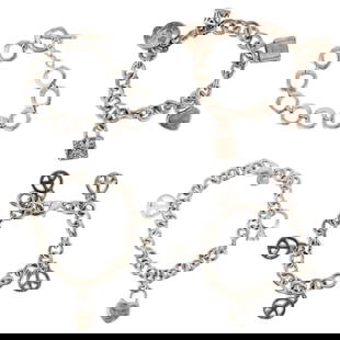(4 Pc) Tiffany & Co. Sterling Silver Bracelets: DESCRIPTION: Four Tiffany & Co sterling silver bracelets: (1) Elsa Peretti for Tiffany & Co. sterling silver charm bracelet featuring five charms in the form of peace signs. Charms hallmarked with "Ti