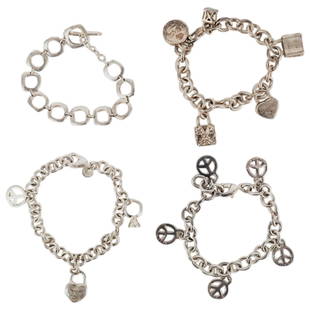 (4 Pc) Tiffany & Co. Sterling Silver Bracelets: DESCRIPTION: Four Tiffany & Co sterling silver bracelets: (1) Elsa Peretti for Tiffany & Co. sterling silver charm bracelet featuring five charms in the form of peace signs. Charms hallmarked with "Ti