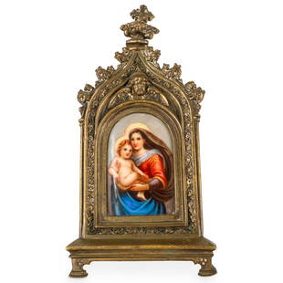 Antique C. M. Hutschenreuther Madonna And Child Porcelain Plaque: DESCRIPTION: Antique C. M. Hutschenreuther porcelain plaque featuring religious hand painted depiction of the Blessed Virgin Mary holding the Christ Child. Mounted in a brass frame decorated with reli