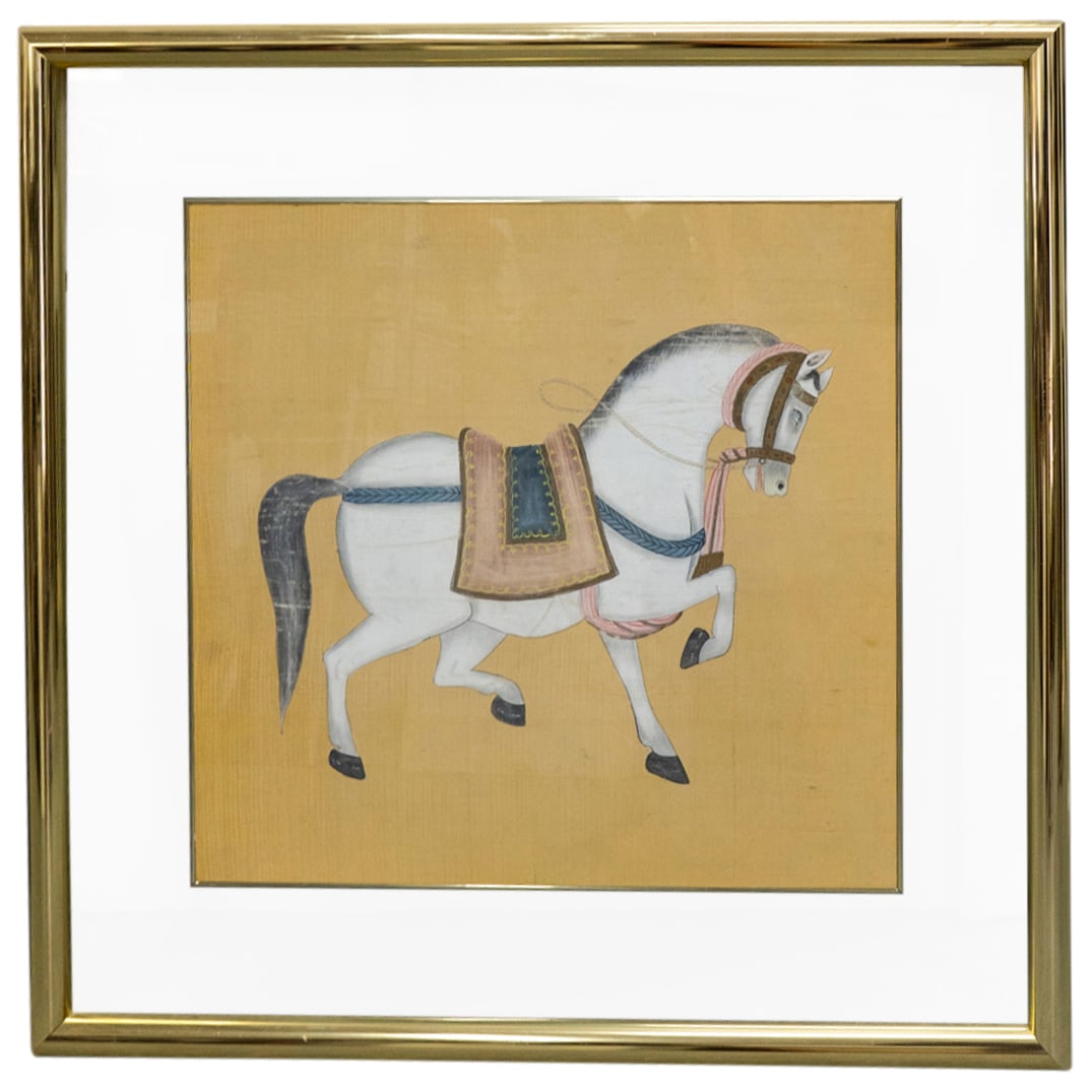 Antique Persian Horse Painting On Silk: DESCRIPTION: Antique Persian painting on gold silk depicting a horse prancing while wearing a saddle and other garb. Mounted in a gilt metal frame. CIRCA: Late 19th to early 20th Century ORIGIN: Iran 