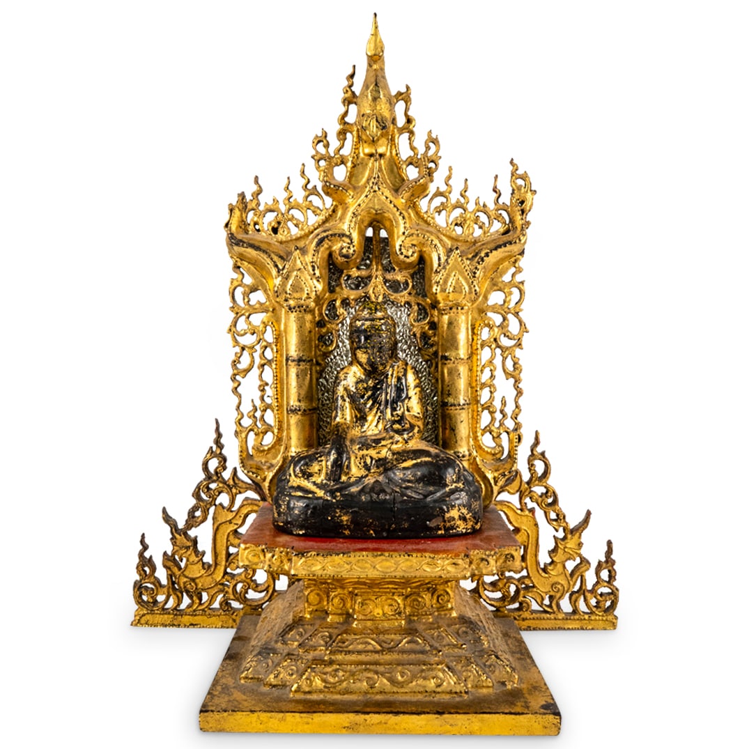 Burmese Gilt Carved Wood Sculpture & Throne (1 of 6)