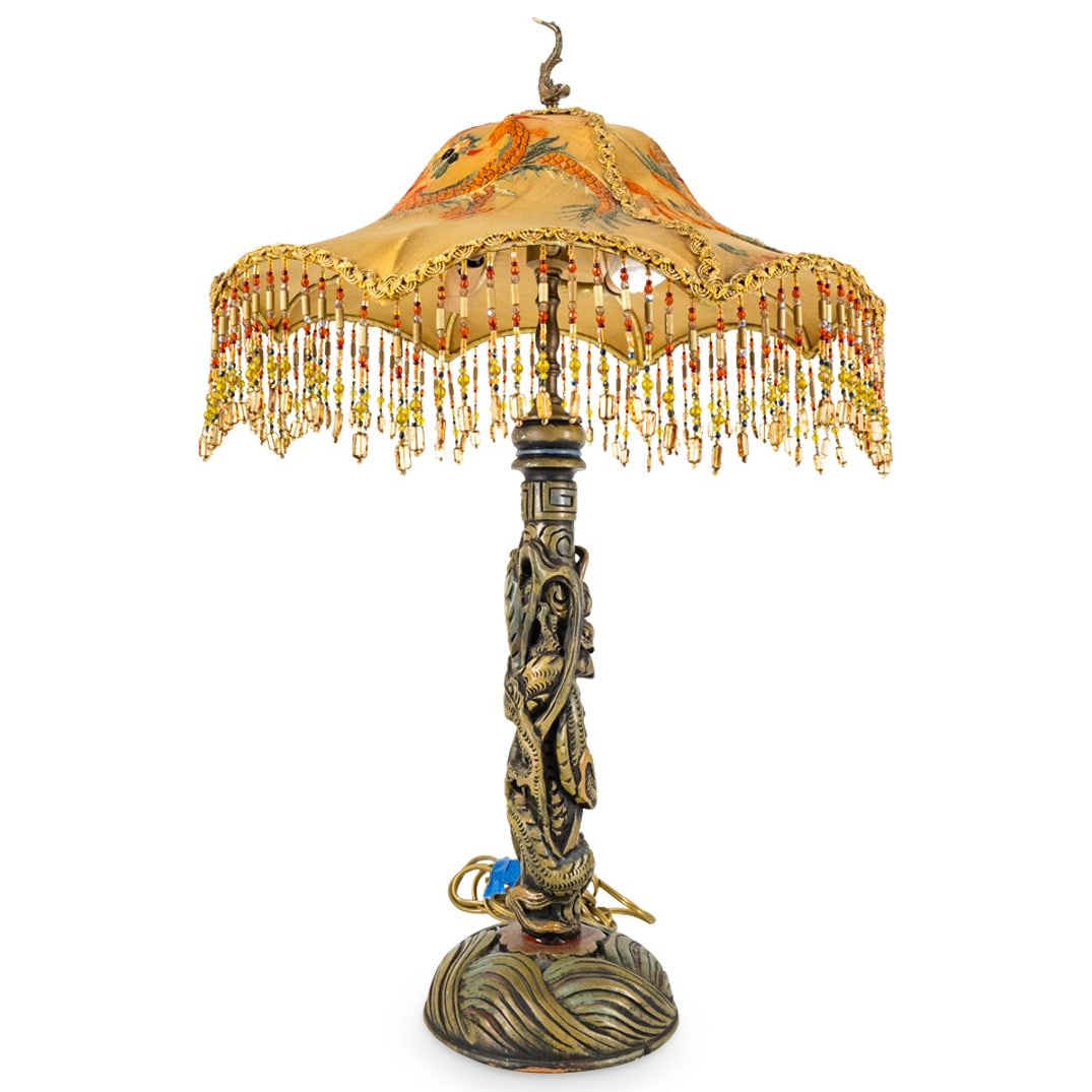 Chinoiserie Wooden Lamp W/ Kathleen Caid Embroidered Shade (1 of 5)