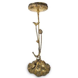 Mid Century Japanese Brass Lotus Plant Holder: DESCRIPTION: Japanese mid-century brass plant holder in the form of a lotus with a turtle at bottom. Possible mark below plant holder proper. CIRCA: Mid 20th Century ORIGIN: Japanese DIMENSIONS: H: 34