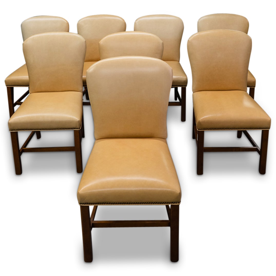 (8 Pc) Pearson "Daisy" Side Chairs: DESCRIPTION: Eight "Daisy" side chairs by Pearson, each featuring leather upholstery and brass studs. Labels attached. CIRCA: 2018 ORIGIN: American DIMENSIONS: H: 37.75" W: 21.5" Depth: 26" - CONDITIO