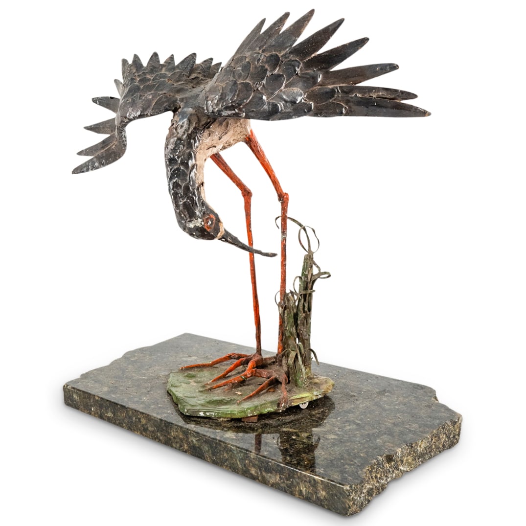 Signed Blazier Wildlife Bird Sculpture: DESCRIPTION: Signed Blazier mixed metal patinated wildlife bird sculpture on a granite base. Signed Blazier. CIRCA: 20th Century DIMENSIONS: H: 14" W: 14" L: 8" CONDITION: Great condition. See lot des