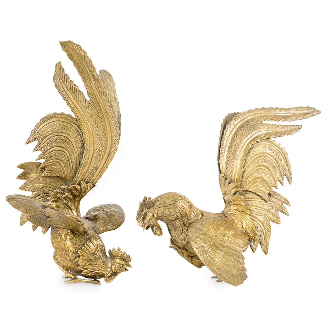 Pair Gilt Mixed Metal Rooster Sculptures (1 of 9)