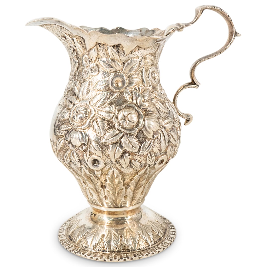 Antique S. Kirk & Son Sterling Repousse Creamer: DESCRIPTION: Antique sterling silver creamer by S. Kirk & Son featuring repousse floral and foliage motifs. Marked on underside. Total weight: 112 g. CIRCA: Mid - Late 19th Century ORIGIN: American DI