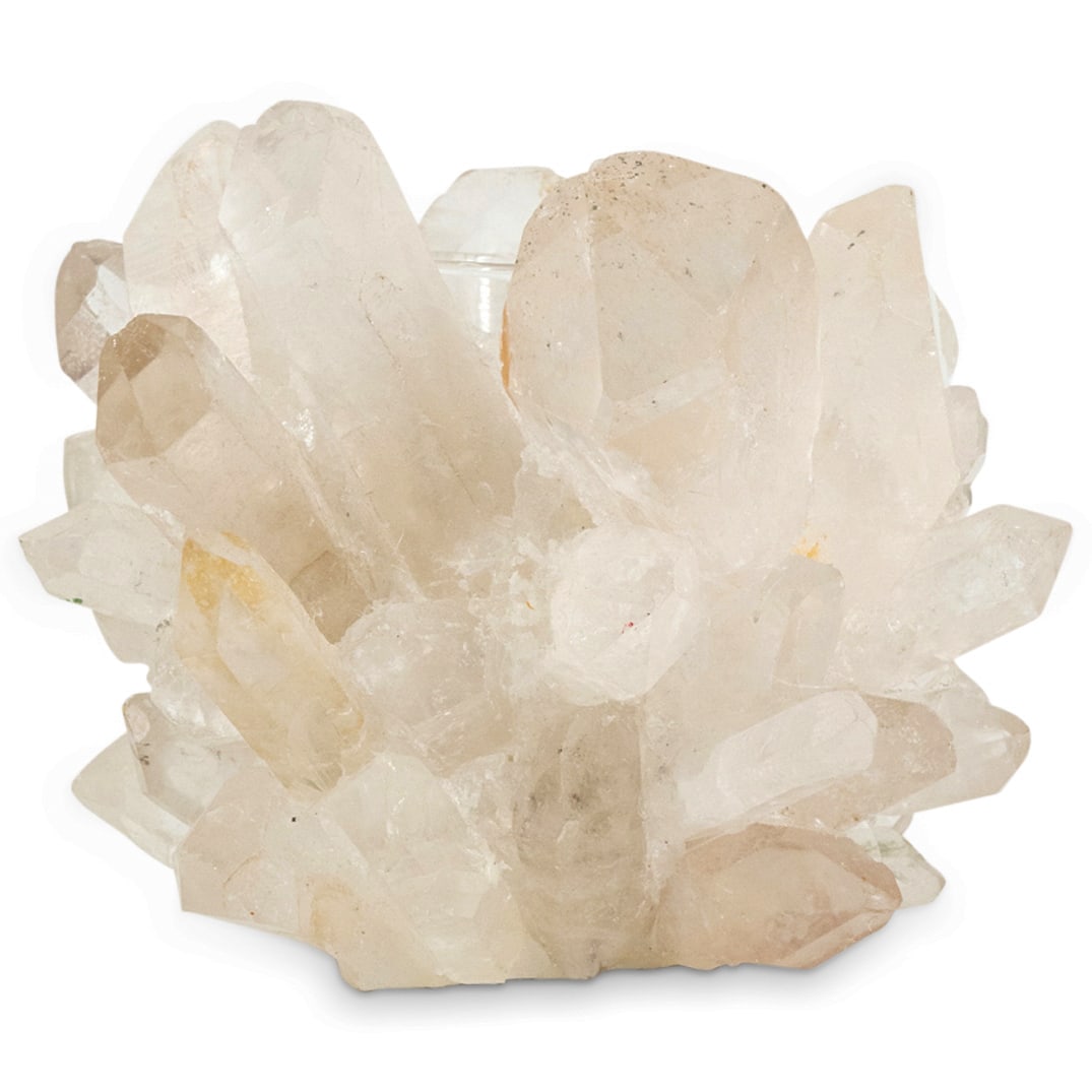 Kathryn McCoy Crystal Quartz Votive Candle Holder: DESCRIPTION: Kathryn McCoy faceted crystal quartz votive candle holder depicting a tubular glass vase with applied clear quartz crystals. Marked McCoy on the interior. CIRCA: 20th Century DIMENSIONS: 
