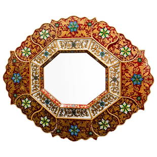 Antique Peruvian Cuzcajo Reverse-Painted Glass Mirror: DESCRIPTION: Antique Colonial Peruvian Cuzcajo reverse-painted glass ornate wall mirror. Depicting floral motifs painted on the back sides of glass panels before they are set into a hand-carved mohena