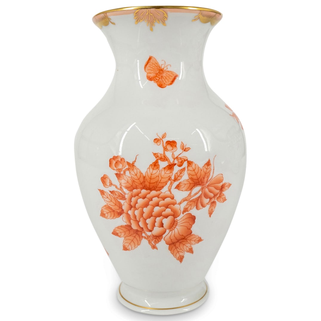 Herend Floral Porcelain Vase: DESCRIPTION: Herend porcelain vase featuring floral, foliage and butterfly motifs. Completed with gilt accents. Hallmarked on underside. CIRCA: Late 20th Century ORIGIN: Hungarian DIMENSIONS: H: 7" Di