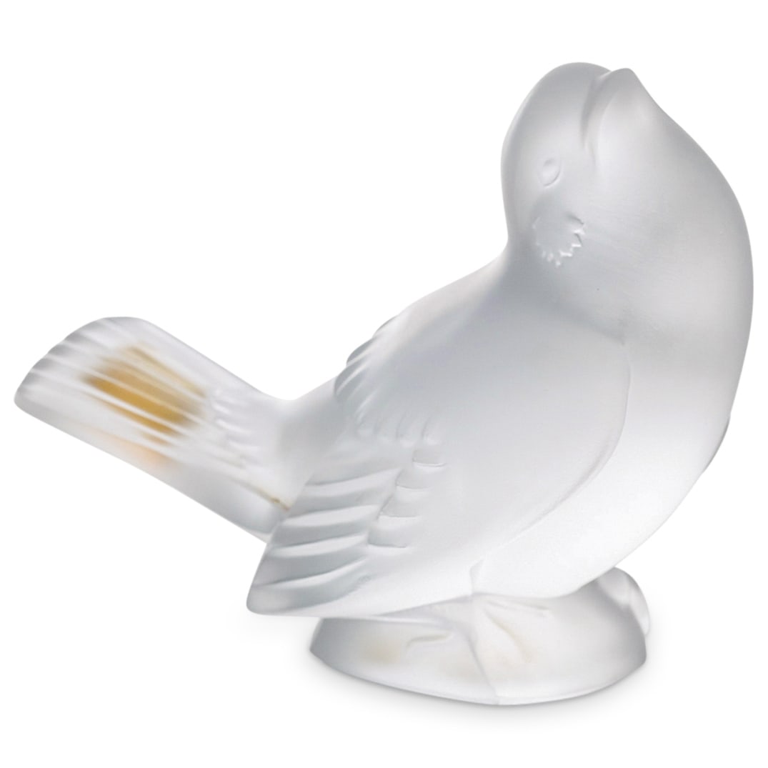 Lalique Crystal "Moqueur" Sparrow Paperweight Figurine: DESCRIPTION: Lalique frosted crystal "Moqueur" paperweight figurine depicting a sparrow bird. Lalique stickers attached to underside. Hallmarked on underside with "Lalique France". CIRCA: 20th Century