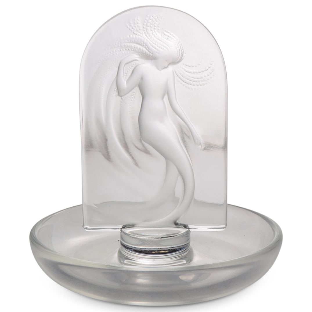 Lalique Crystal "Naiade" Rounded Pin Tray: DESCRIPTION: A Lalique crystal "Naiade" rounded pin tray, decorated with an etched frosted Nymph figural depiction. Etched at the underside "Lalique France". CIRCA: 20th Century ORIGIN: France DIMENSI