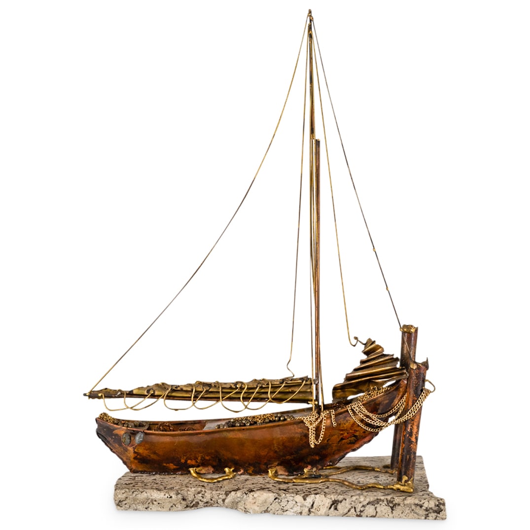 Mid Century Mixed Metal Ship Sculpture: DESCRIPTION: Mid-century mixed metal sculpture depicting a moored sailing ship. Mounted atop a stone base. CIRCA: Late 20th - Early 21st Century DIMENSIONS: H: 12.25" W: 4.25" L: 18.5" - CONDITION: Mi