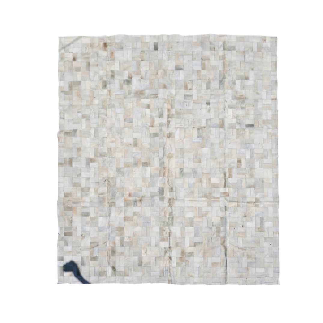 Polychrome Tile Cowhide Rug: DESCRIPTION: Cowhide rug fashioned as a series of small tiles. CIRCA: 20th Century ORIGIN: Brazil DIMENSIONS: H: 0.25" W: 97" L: 96.25" - CONDITION: Great condition. See lot description for details on