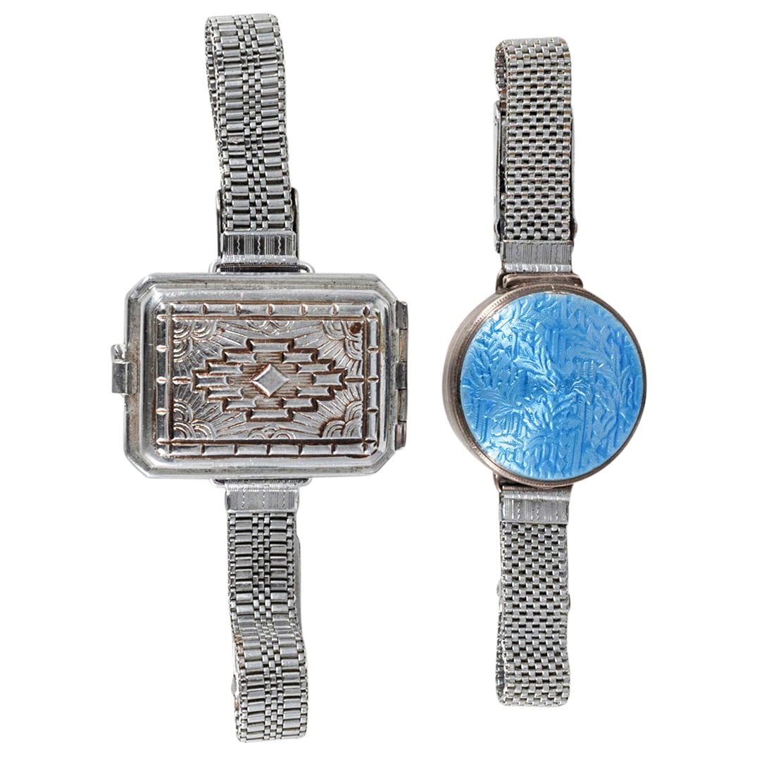 (2 Pc) Art Deco Sterling Silver Guilloche & Metal Compact Bracelets (1 of 6)