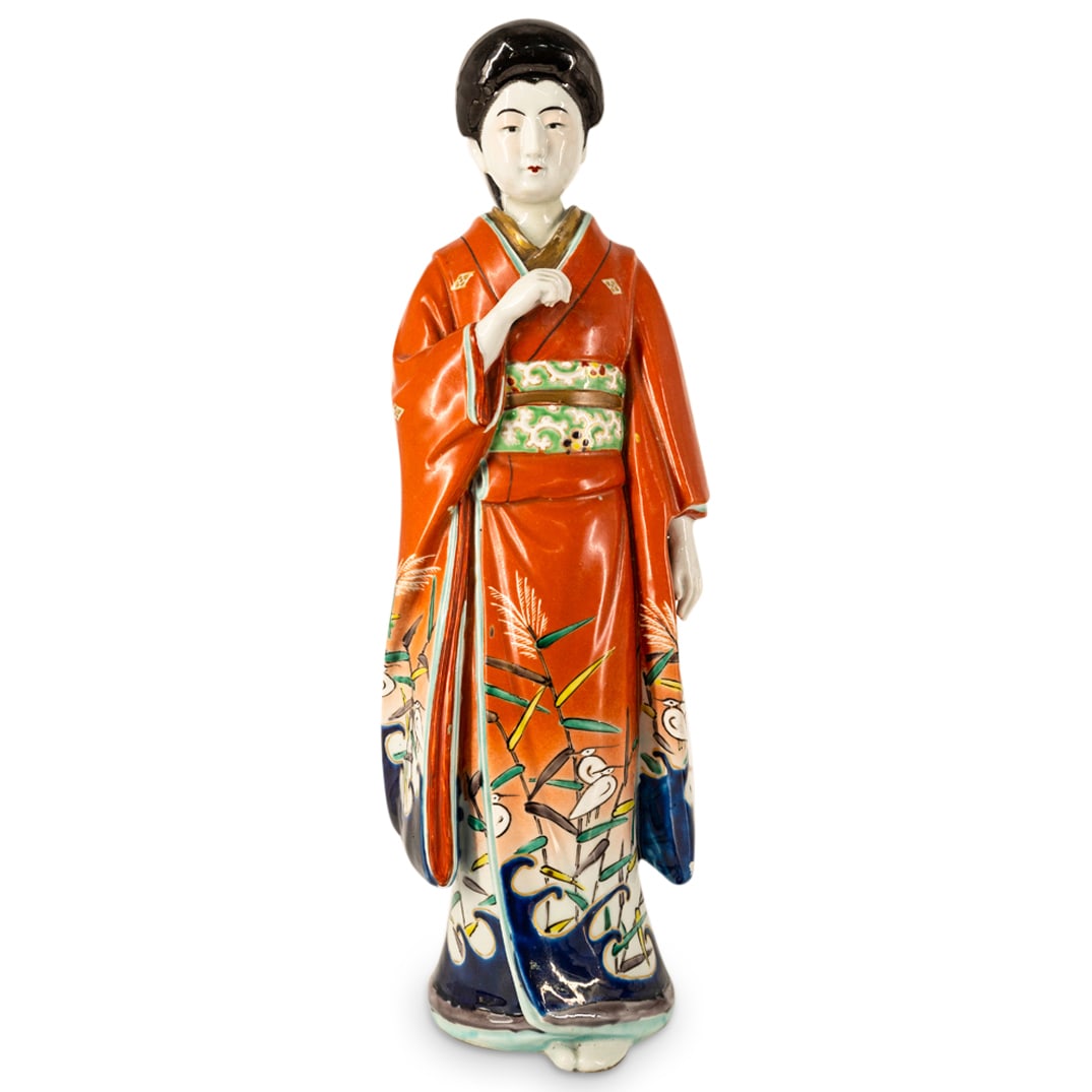 Japanese Meiji Kutani Okimono Large Bijin Porcelain Figure: DESCRIPTION: Antique Japanese Meiji Kutani Okimono extra large (18 inches tall) porcelain figure of a bijin or geisha hand decorated with heavily applied overglaze enamels and produced in the Kaga mou