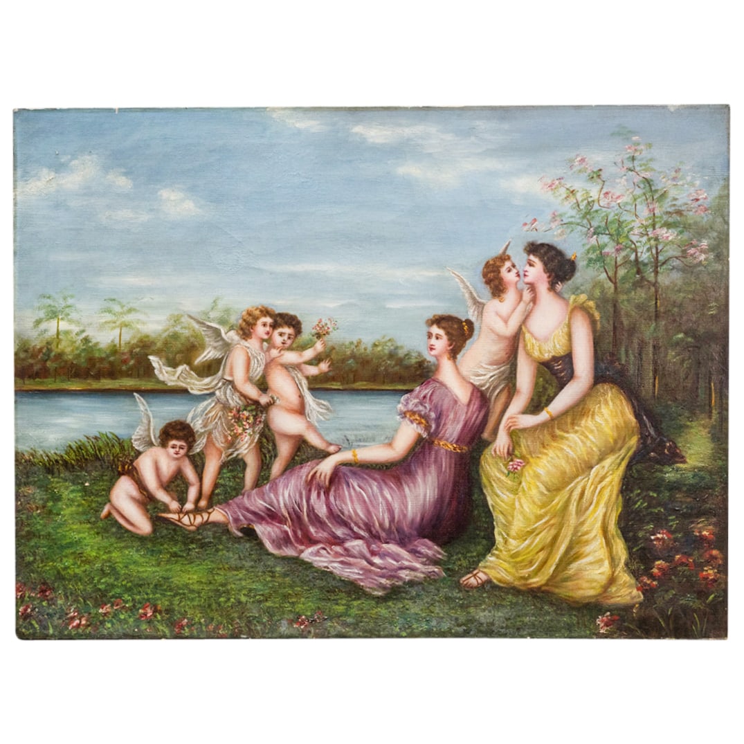 Antique Neoclassical Oil On Canvas: DESCRIPTION:Oil on canvas painting depicting a neo-classical scene in the style of Hans Zatzka of two women or goddesses interacting with Eros and three puttos on a river bank. CIRCA: 20th Century ORI