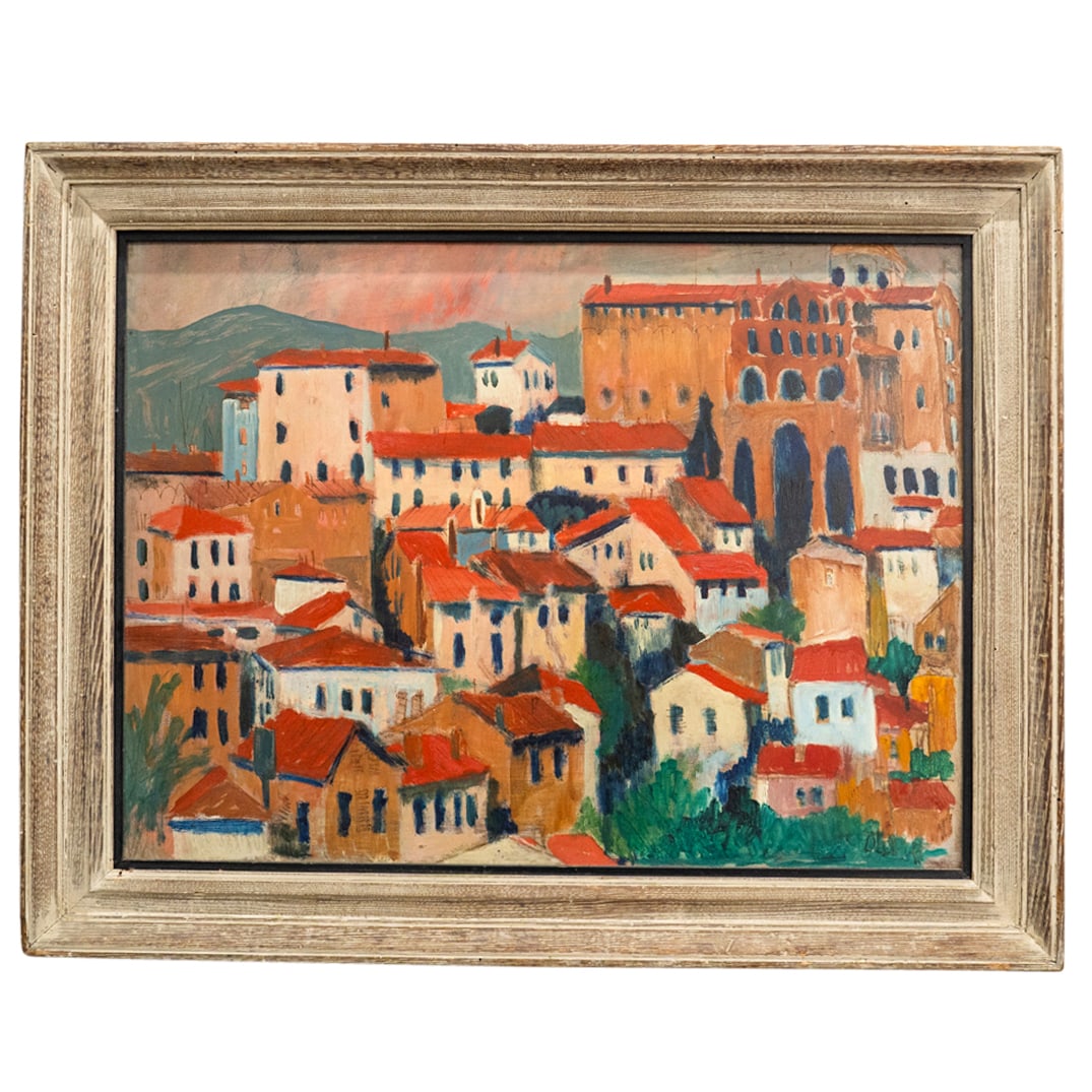 Antique Oil on Board French Village Rooftops Painting (1 of 5)