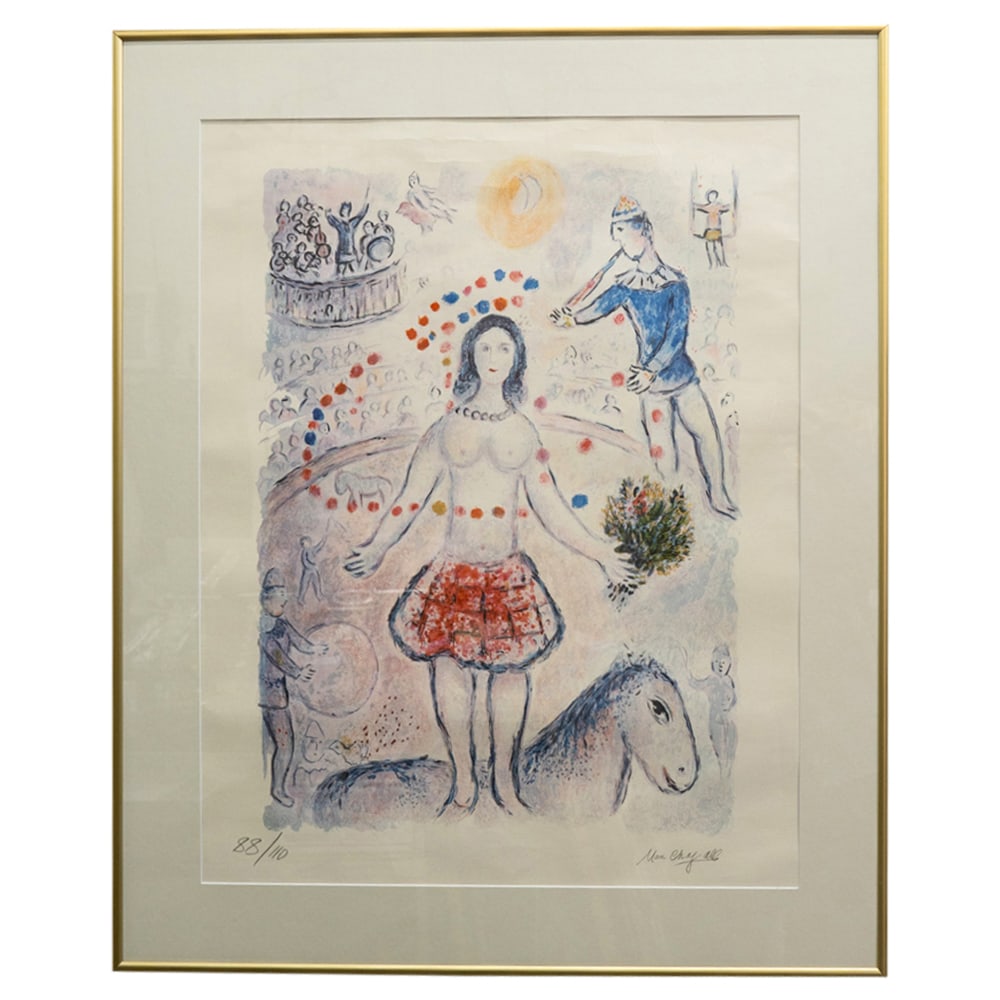 Marc Chagall (1887-1985) "Le Cirque" Series Lithograph: DESCRIPTION: Lithograph by Marc Chagall from his series "Le Cirque" depicting a semi-nude woman on horseback bearing a bouquet among other performers for an audience. Signed at lower right; numbered 8