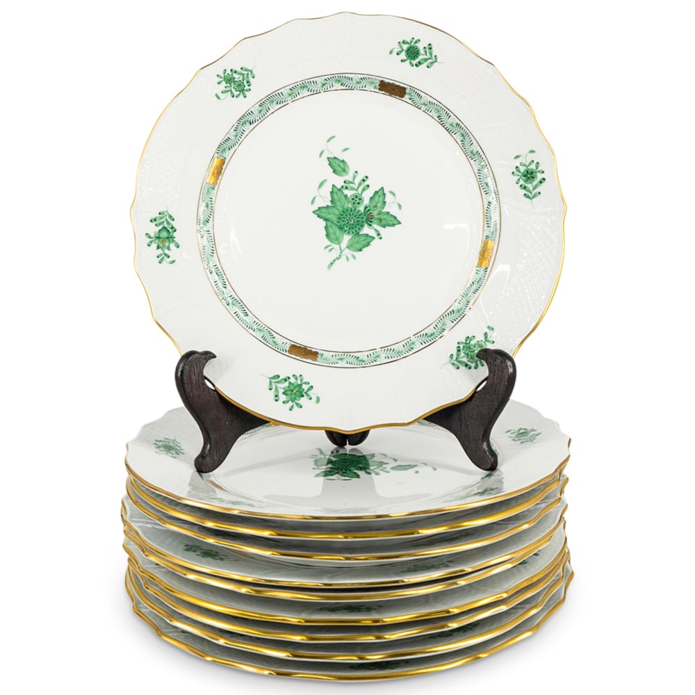 (10 Pc) Herend "Chinese Bouquet Green" Dinner Plates (1 of 5)