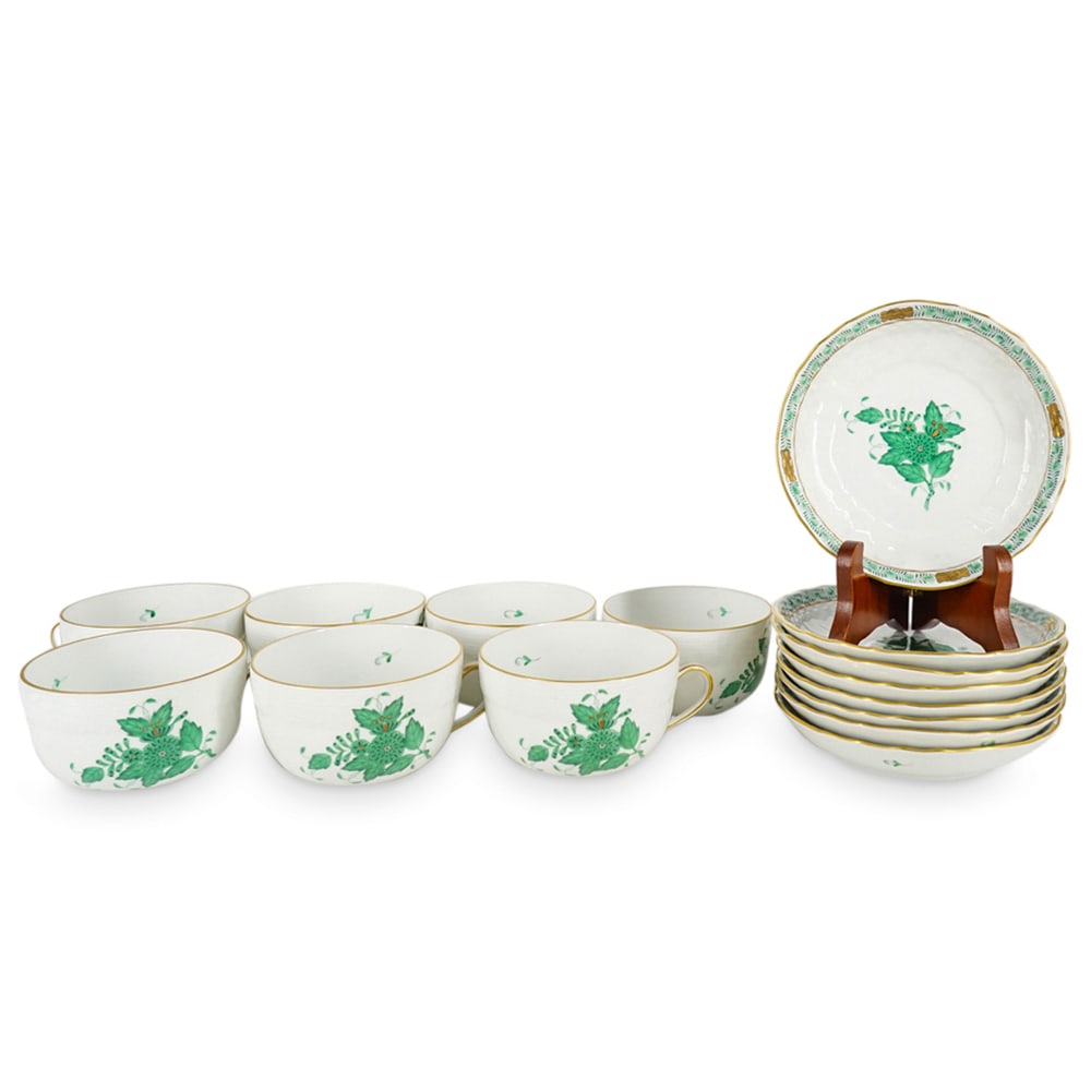 (15 Pc) Herend "Chinese Bouquet Green" Tea Cup & Saucer Set (1 of 7)