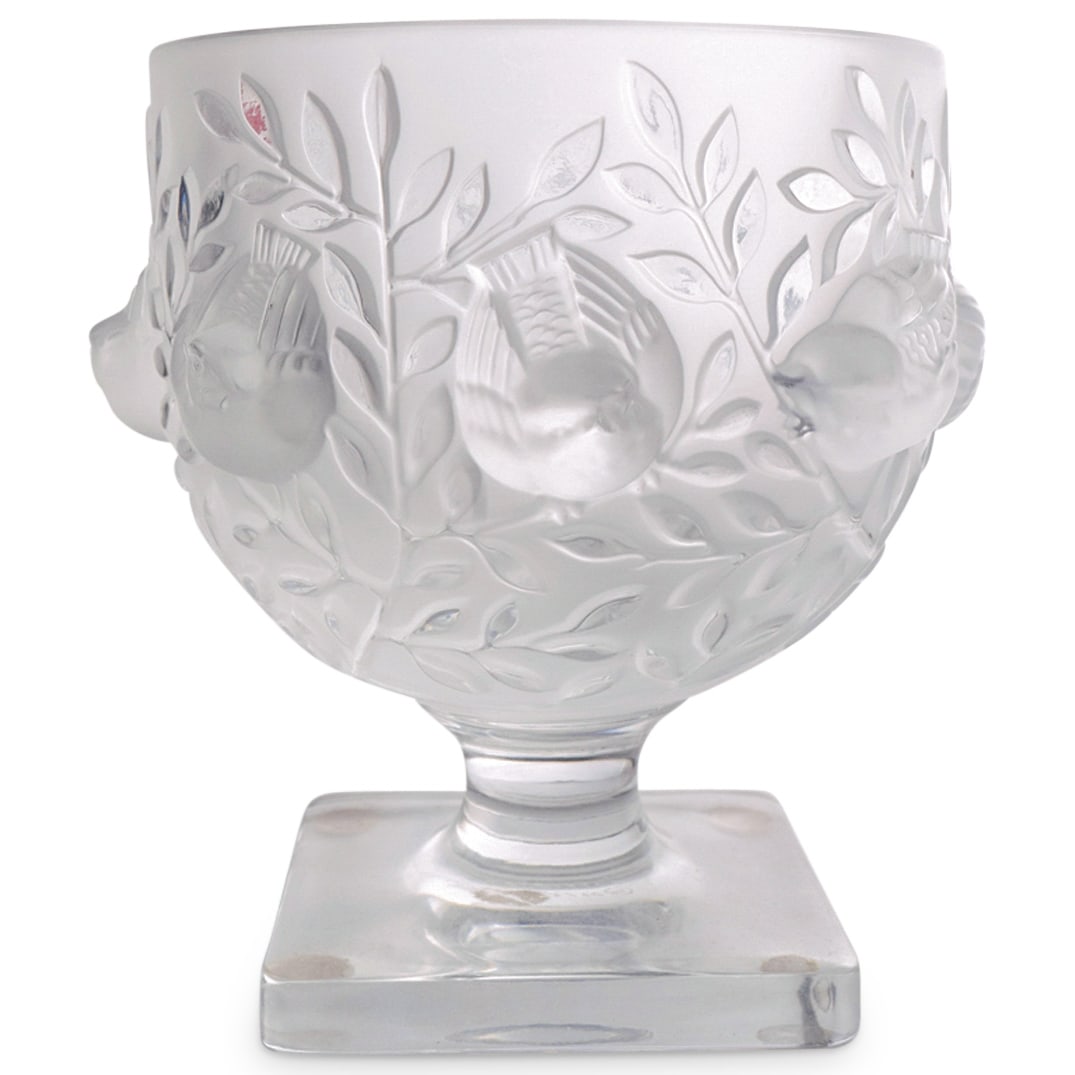 Lalique Crystal "Elizabeth" Footed Vase: DESCRIPTION: Lalique crystal "Elizabeth" footed vase decorated with frosted, raised birds, and carved leaves motifs. Marked with "Lalique France" etched signature hallmark on the underside. CIRCA: 20t