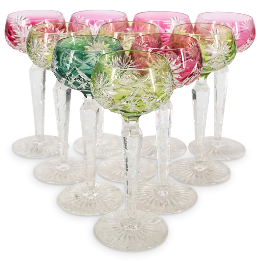 (10 Pc) Bohemian Cut To Clear Crystal Hock Glasses: DESCRIPTION: Ten Bohemian crystal hock white wine glasses, each featuring cut and faceted stems: (3) Light pink cut to clear crystal hock glasses. (2) Dark pink cut to clear crystal hock glasses. (4) 