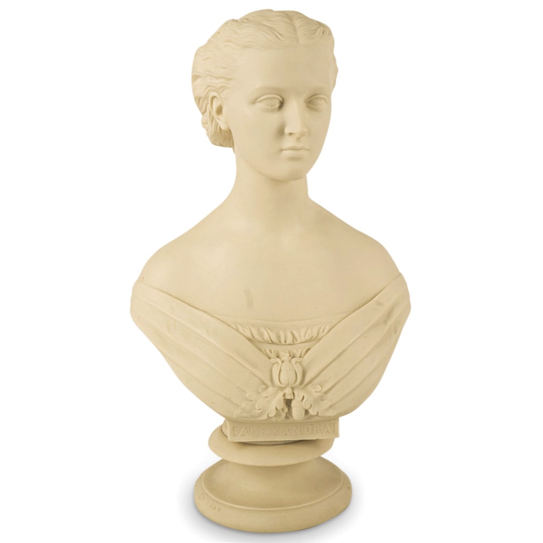 Antique Copeland Parian Bust Of Princess Alexandra: DESCRIPTION: Antique Copeland Parian ware bisque porcelain bust depicting the Princess Alexandra. On plinth: "Art Union of London. Mary Thorncroft. Sc 1863". On reverse of bust: "WT Copeland Pubd June
