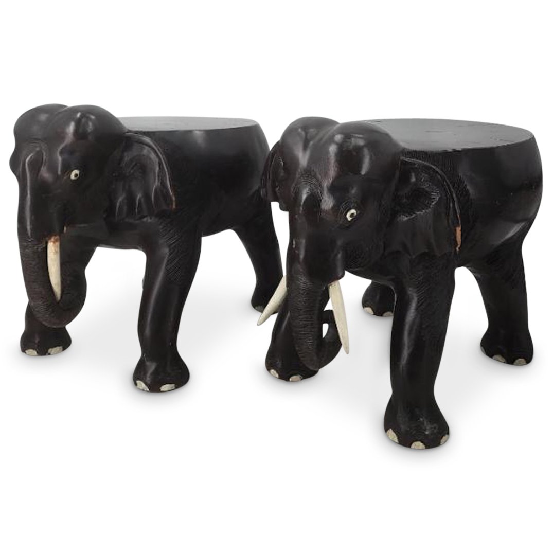 Pair of Handmade Elephant-Shaped Carved Wooden Stools (1 of 10)