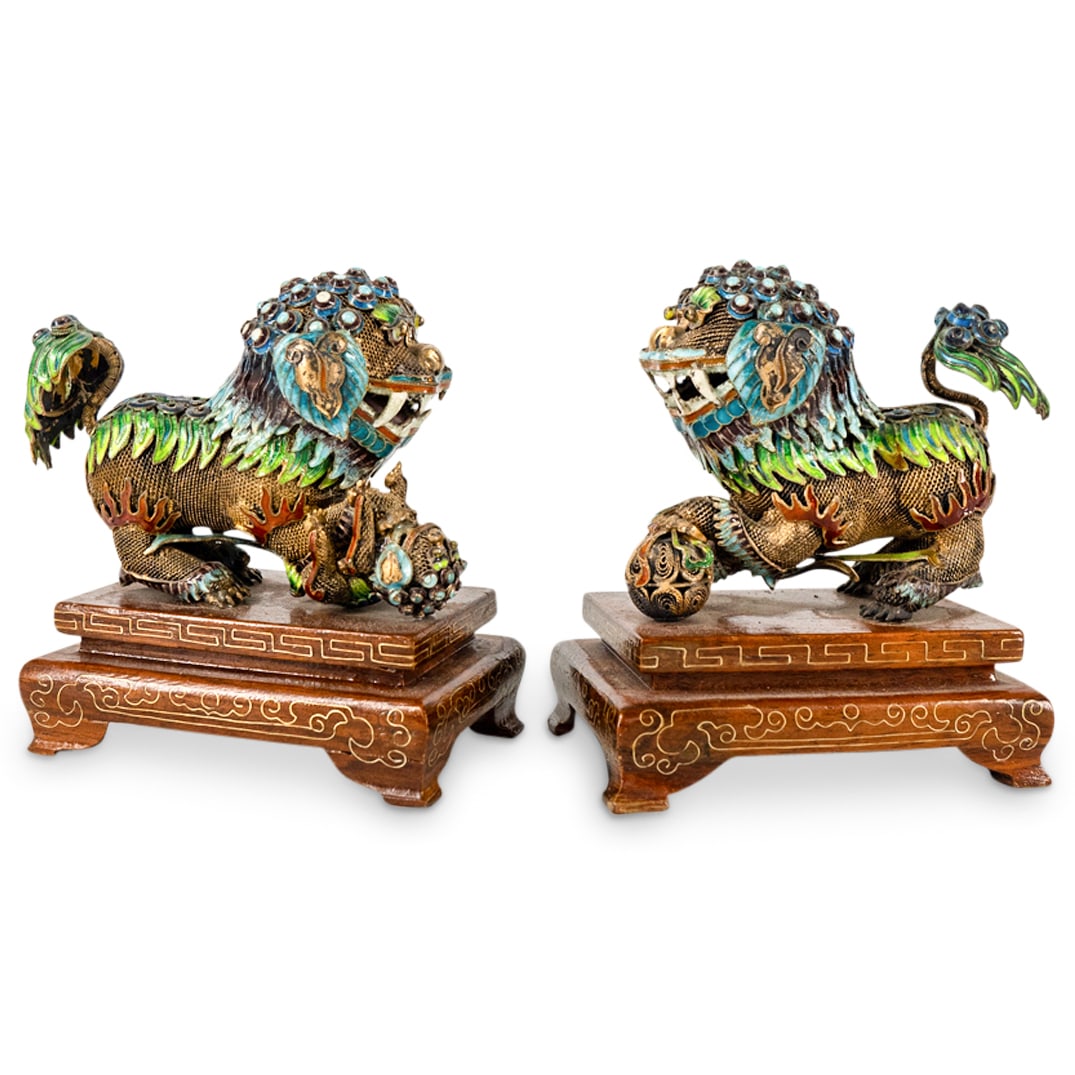 Pair Of Chinese Enameled Silver Guardian Lions (1 of 4)