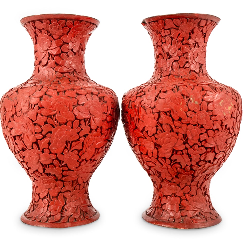 Pair Of Antique Chinese Cinnabar Vases (1 of 5)