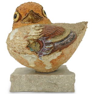 Tyra Lundgren (Swedish, 1897-1979) Stoneware Bird Sculpture: DESCRIPTION: Polychrome partially glazed stoneware sculpture by Tyra Lundgren (Swedish, 1897-1979) depicting a bird. Signed and dated "TL 68" on underside of sculpture. Atop a stone base. CIRCA: 1968