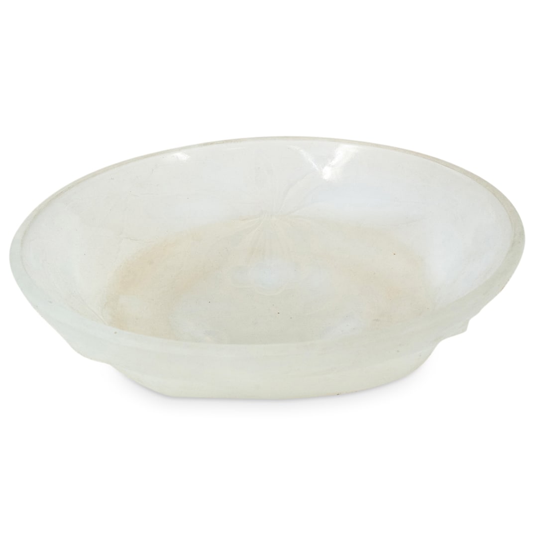 Vintage G. Vallon French Opalescent Glass Bowl: DESCRIPTION: Vintage glass bowl by G. Vallon featuring an opalescent sheen and crafted with raised, cherry form feet and designs on exterior. CIRCA: 20th Century ORIGIN: France DIMENSIONS: H: 3" D: 9.