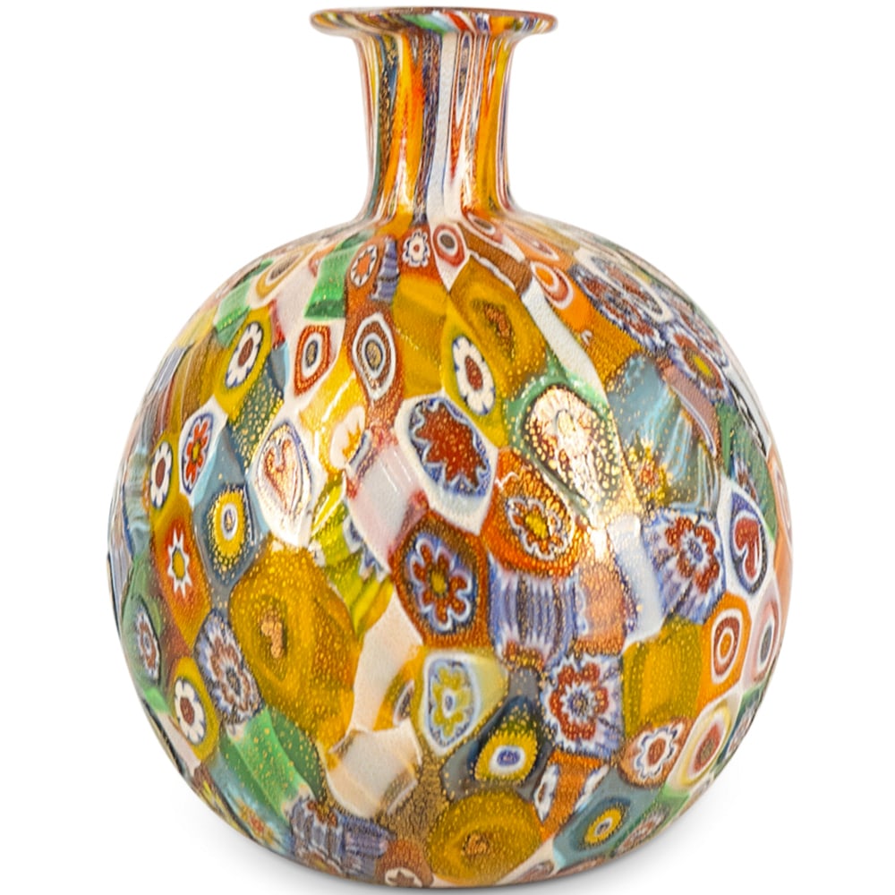 Murano Venetian Millefiori Art Glass Bud Vase: DESCRIPTION: Murano Venetian millefiori art glass bud vase, in spherical form with narrow neck, depicting polychrome motifs. CIRCA: 20th Century ORIGIN: Italy DIMENSIONS: H: 4 1/2" W: 3 14/" CONDITION